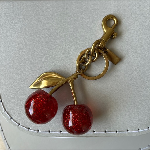 New Cherry Bag Charm Keychain Glitter Resin and Metal Brass Apple Red - Picture 6 of 6